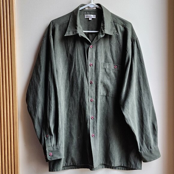 Pierre Cardin Green Faux Suede Button Down Shirt Size Large - Picture 7 of 13